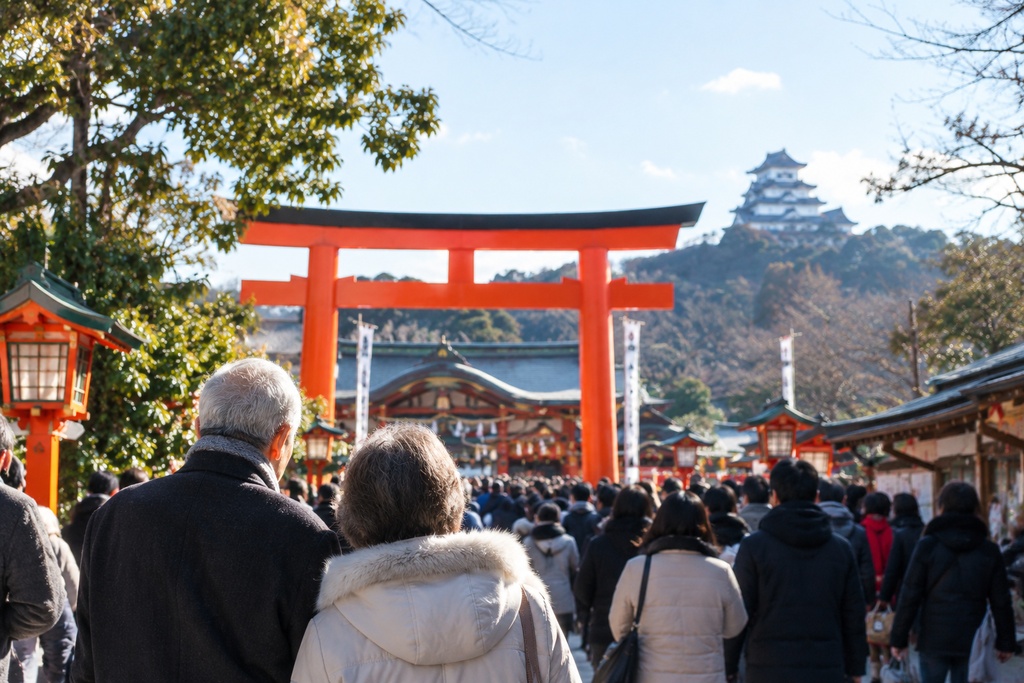 日本で人ごみの中初詣をする老夫婦