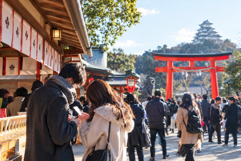 日本で人ごみの中初詣でおみくじを買う若夫婦