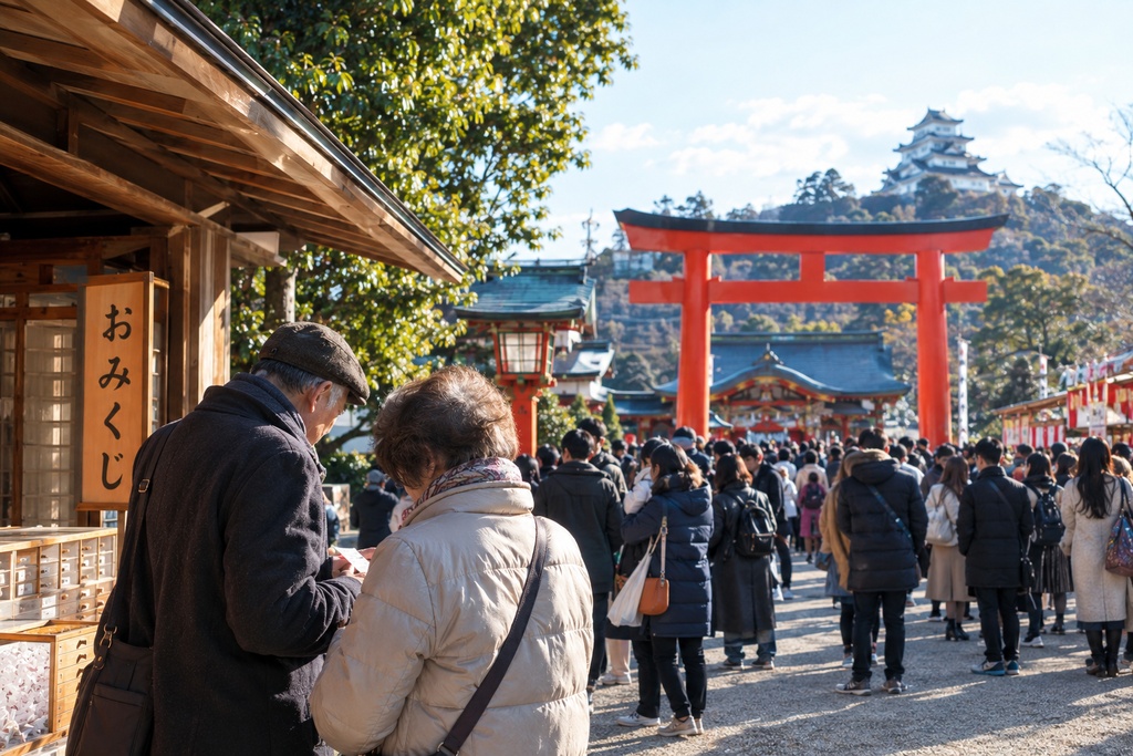 日本で人ごみの中初詣でおみくじを買う老夫婦