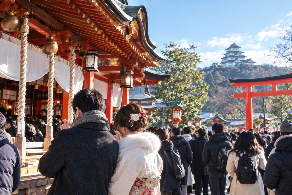 日本で人ごみのなか初詣でお参りをする若夫婦