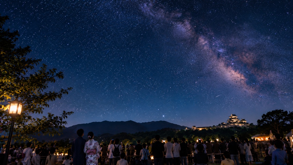日本で人ごみの中夜空を観る若夫婦
