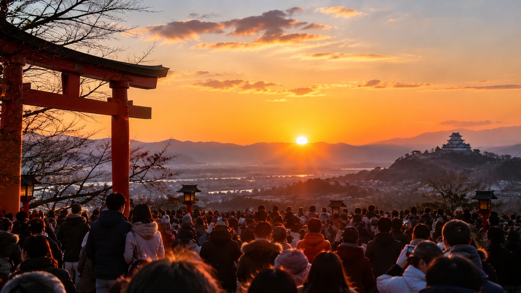 日本で人ごみの中初日の出を見る若夫婦