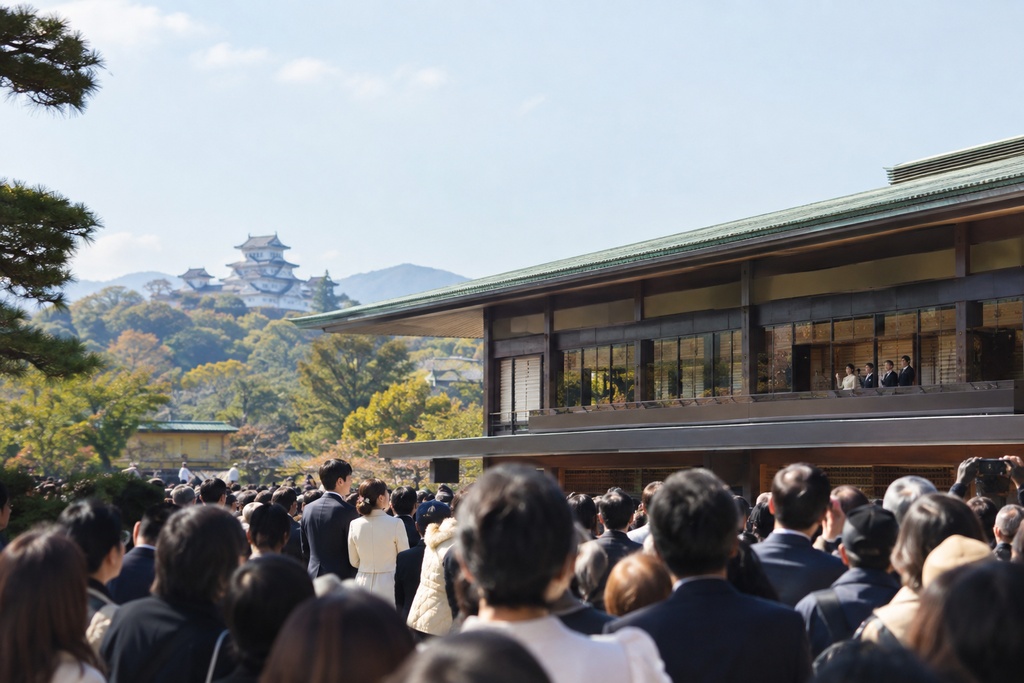 日本で人々がいる中参賀をする若夫婦