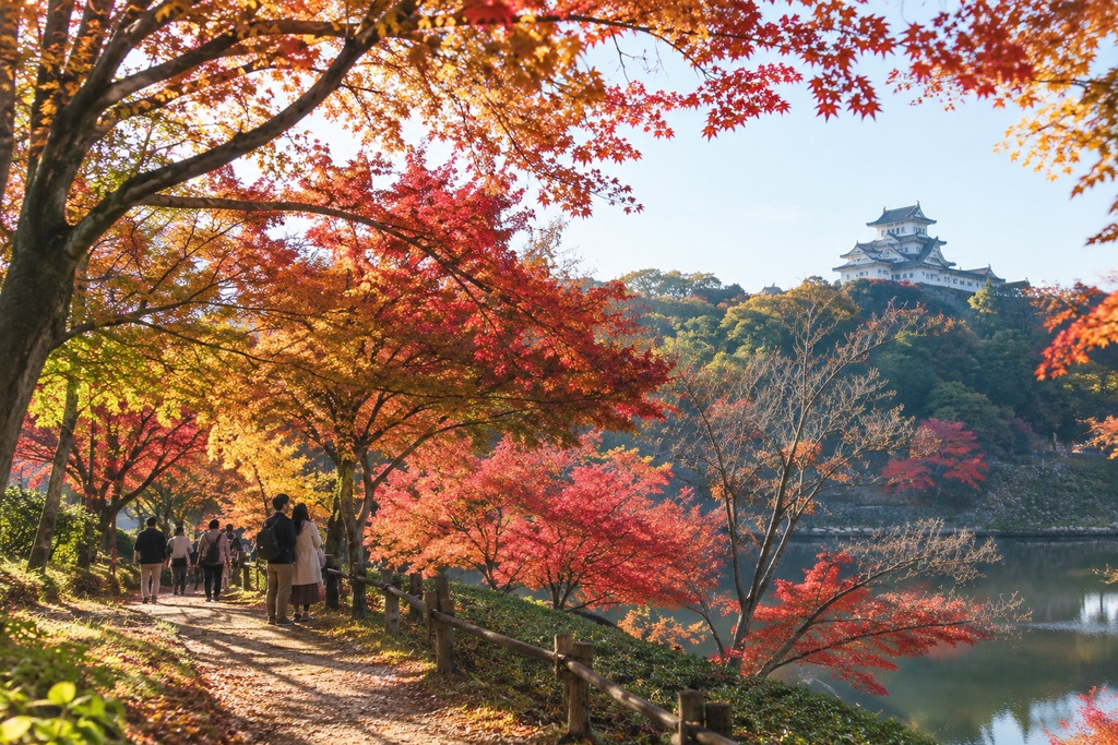 日本で人々がいる中紅葉狩りをする若夫婦