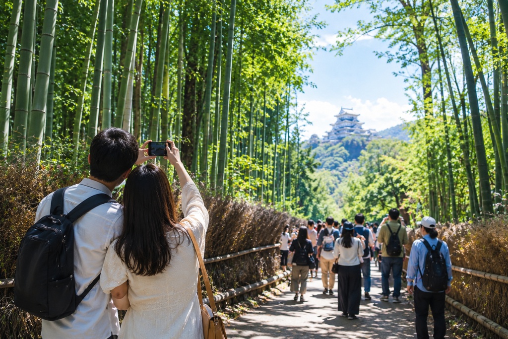 竹林の中で写真を撮る若夫婦