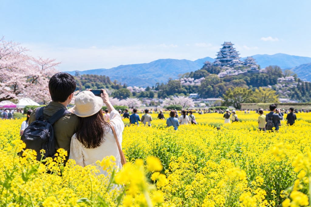 菜の花畑の中で写真を撮る若夫婦
