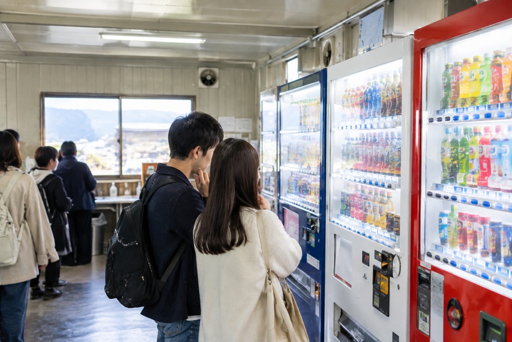 並んでいる自動販売機の前で何を買うか悩んでいる若夫婦