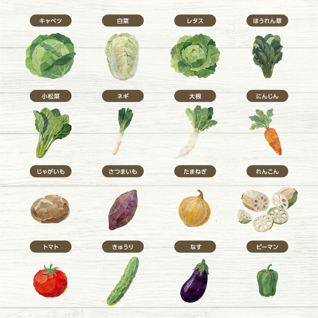 【和紙テイスト】基本の野菜イラスト素材セット vol.1|背景透過PNG・全22種・商用利用OK