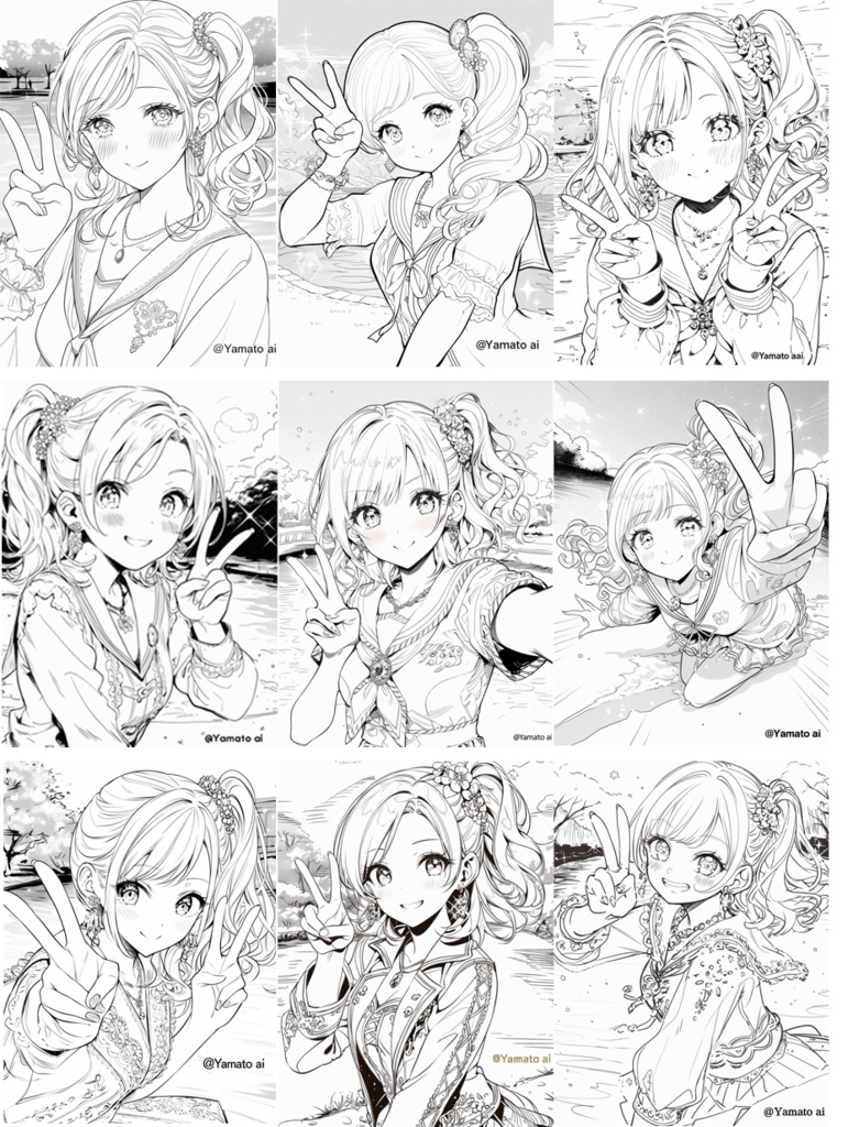 【AIイラスト】ぬり絵　女子高生ピースサイン　9枚セット（ZIPファイル）