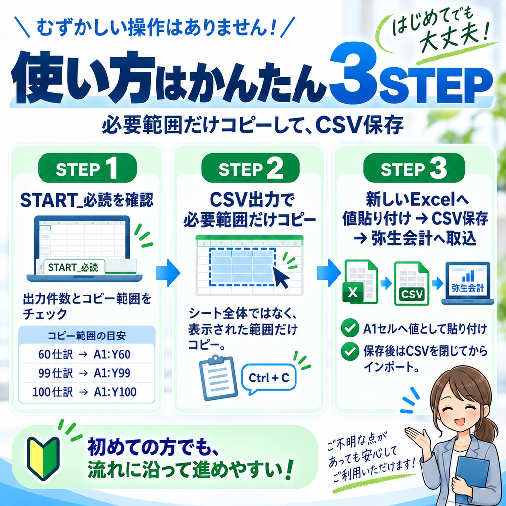 弥生会計26対応|銀行明細からCSV作成を効率化するExcelツール【最大100仕訳・買い切り】