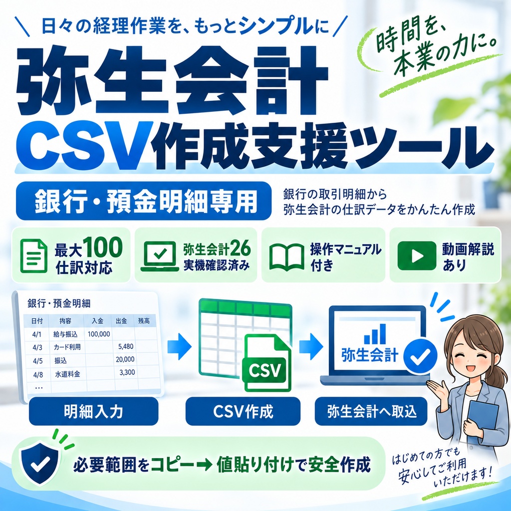 弥生会計26対応|銀行明細からCSV作成を効率化するExcelツール【最大100仕訳・買い切り】