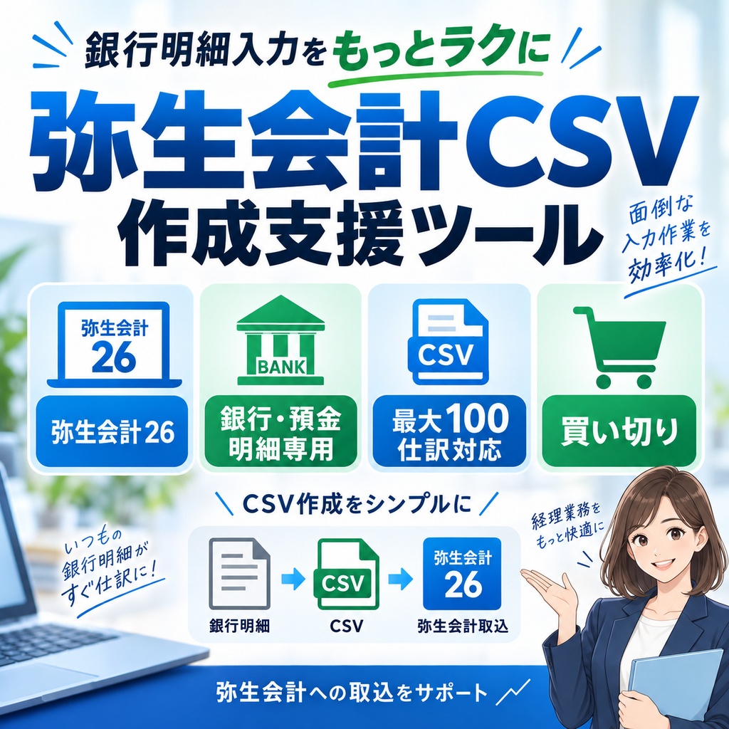 弥生会計26対応｜銀行明細からCSV作成を効率化するExcelツール【最大100仕訳・買い切り】