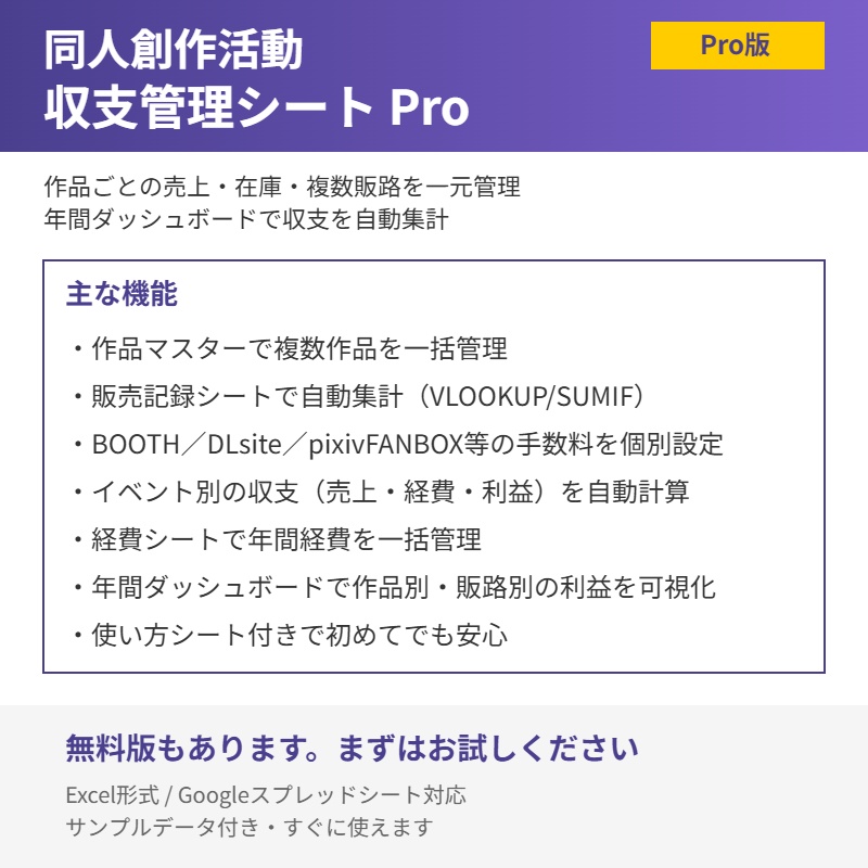 同人創作活動 収支管理シートPro（Excel）—作品別・複数販路対応の売上管理ツール