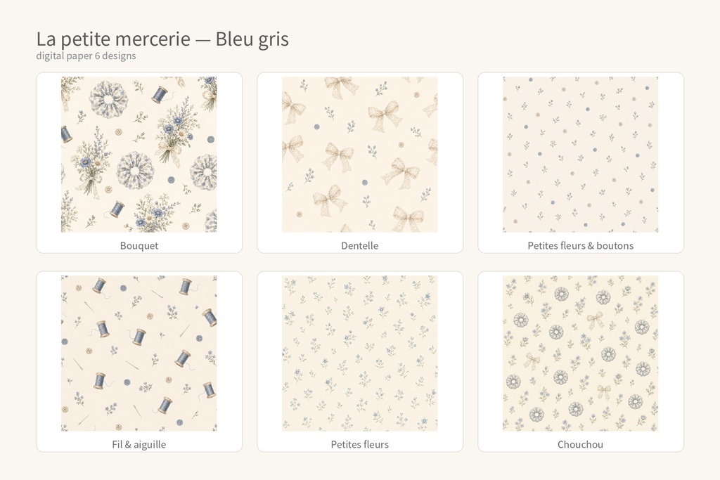【デジタルペーパー6枚】La petite mercerie — Bleu gris|ブルーグレー・小花・手芸素材