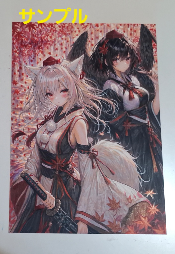  東方Project 犬走椛 射命丸文 手描きイラスト 原画 一点物 A4サイズ ハンドメイド ファンアート Handdrawn Artwork 