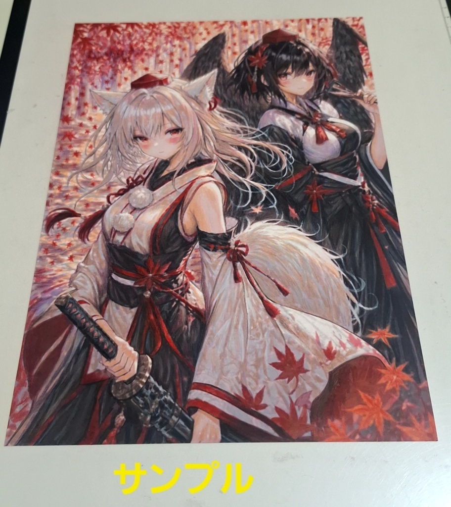 東方Project 犬走椛 射命丸文 手描きイラスト 原画 一点物 A4サイズ ハンドメイド ファンアート Handdrawn Artwork