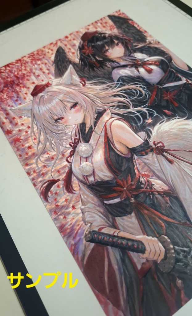 東方Project 犬走椛 射命丸文 手描きイラスト 原画 一点物 A4サイズ ハンドメイド ファンアート Handdrawn Artwork