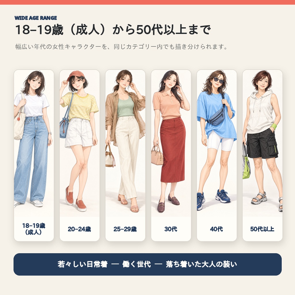 【全72コーデ・91P】女性キャラクター夏服衣装図鑑|完成イラスト・配色・素材つき創作資料