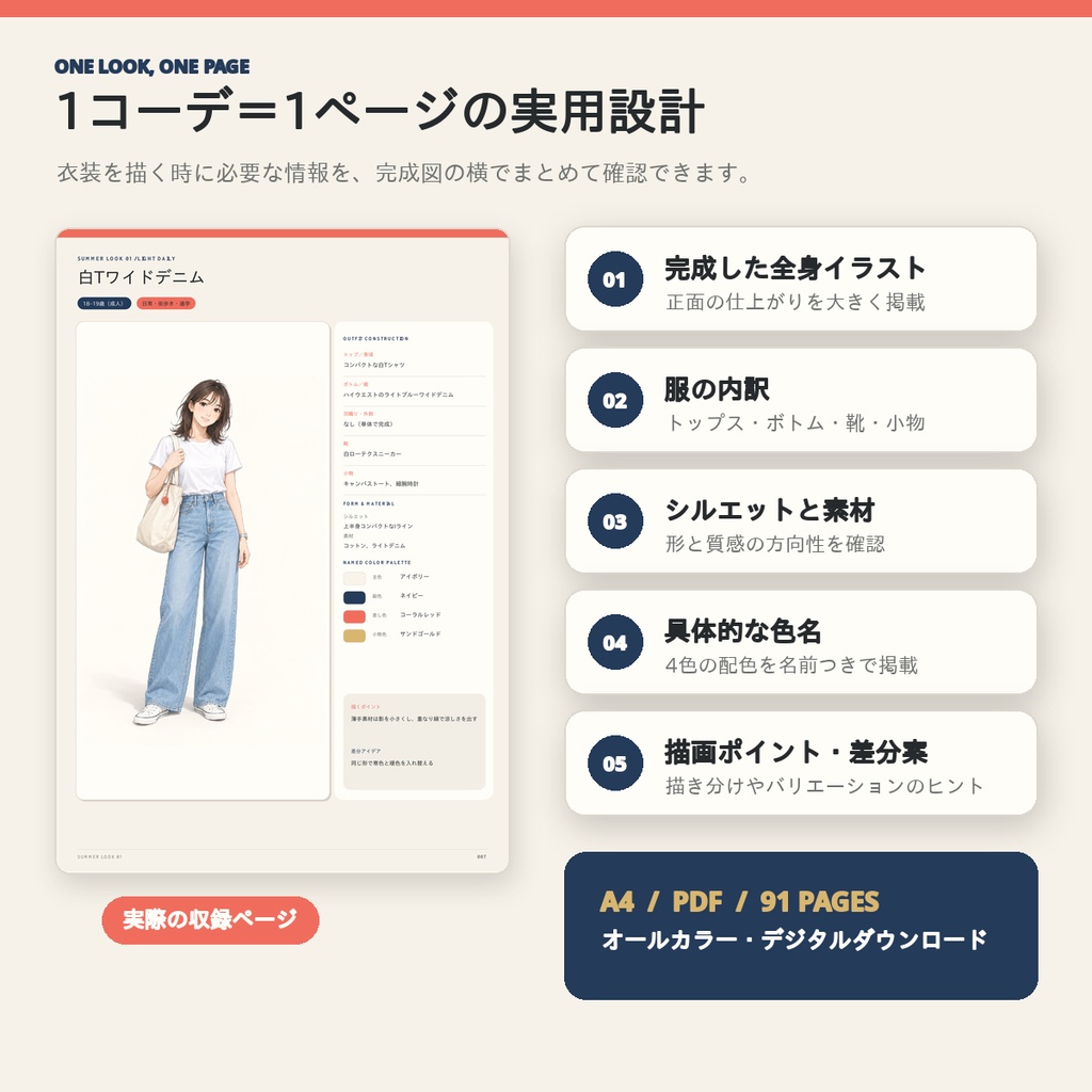 【全72コーデ・91P】女性キャラクター夏服衣装図鑑|完成イラスト・配色・素材つき創作資料