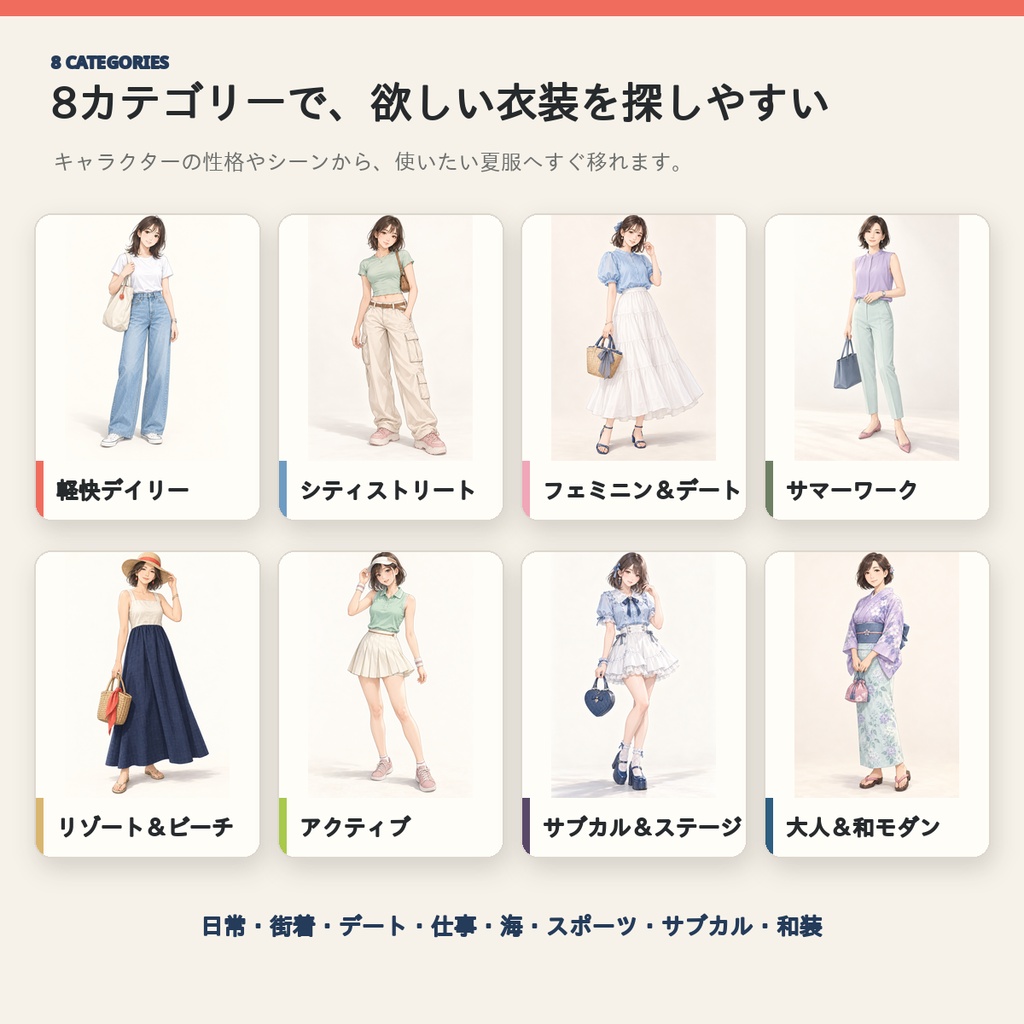 【全72コーデ・91P】女性キャラクター夏服衣装図鑑|完成イラスト・配色・素材つき創作資料