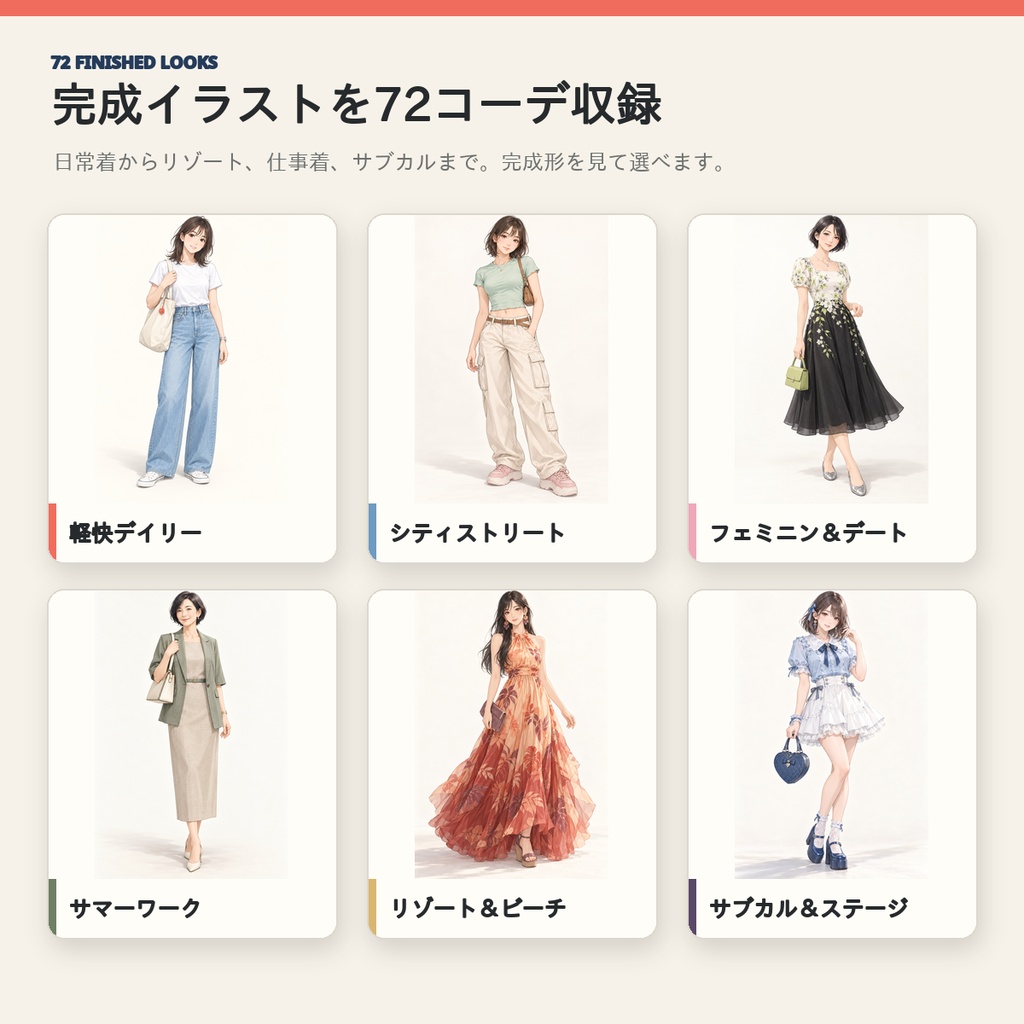 【全72コーデ・91P】女性キャラクター夏服衣装図鑑|完成イラスト・配色・素材つき創作資料