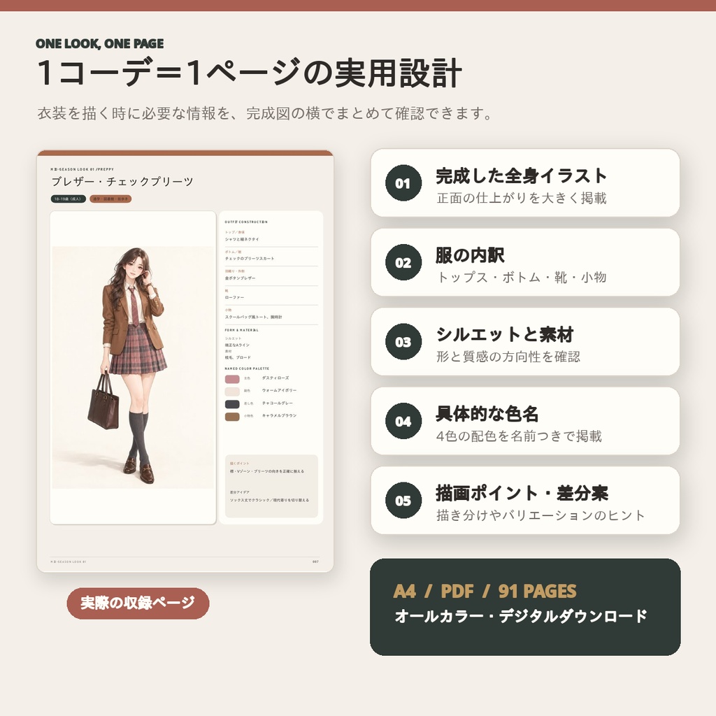 【全72コーデ・91P】女性キャラクター春服・秋服衣装図鑑|ミドルシーズン完成イラスト・配色・素材つき創作資料