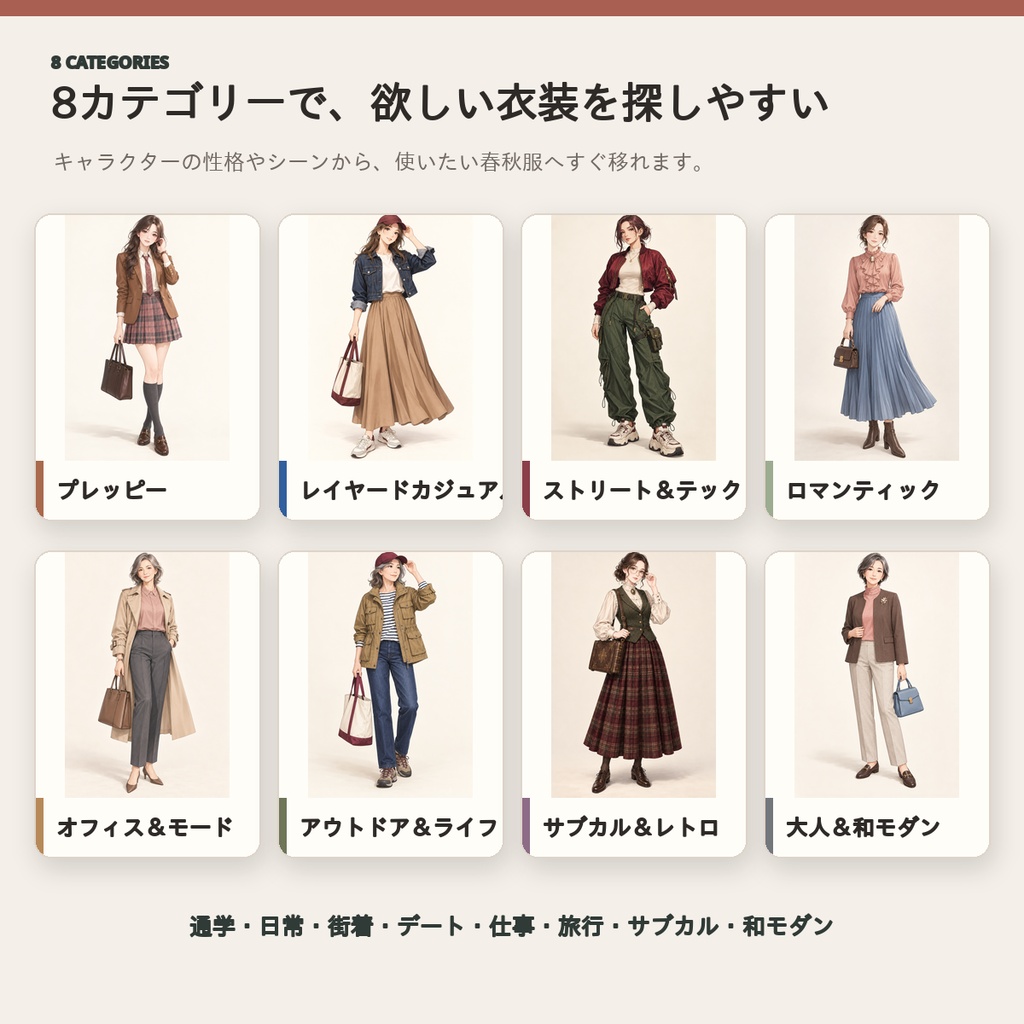 【全72コーデ・91P】女性キャラクター春服・秋服衣装図鑑|ミドルシーズン完成イラスト・配色・素材つき創作資料