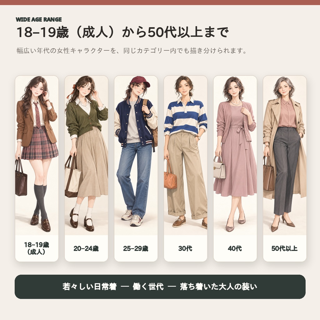 【全72コーデ・91P】女性キャラクター春服・秋服衣装図鑑|ミドルシーズン完成イラスト・配色・素材つき創作資料