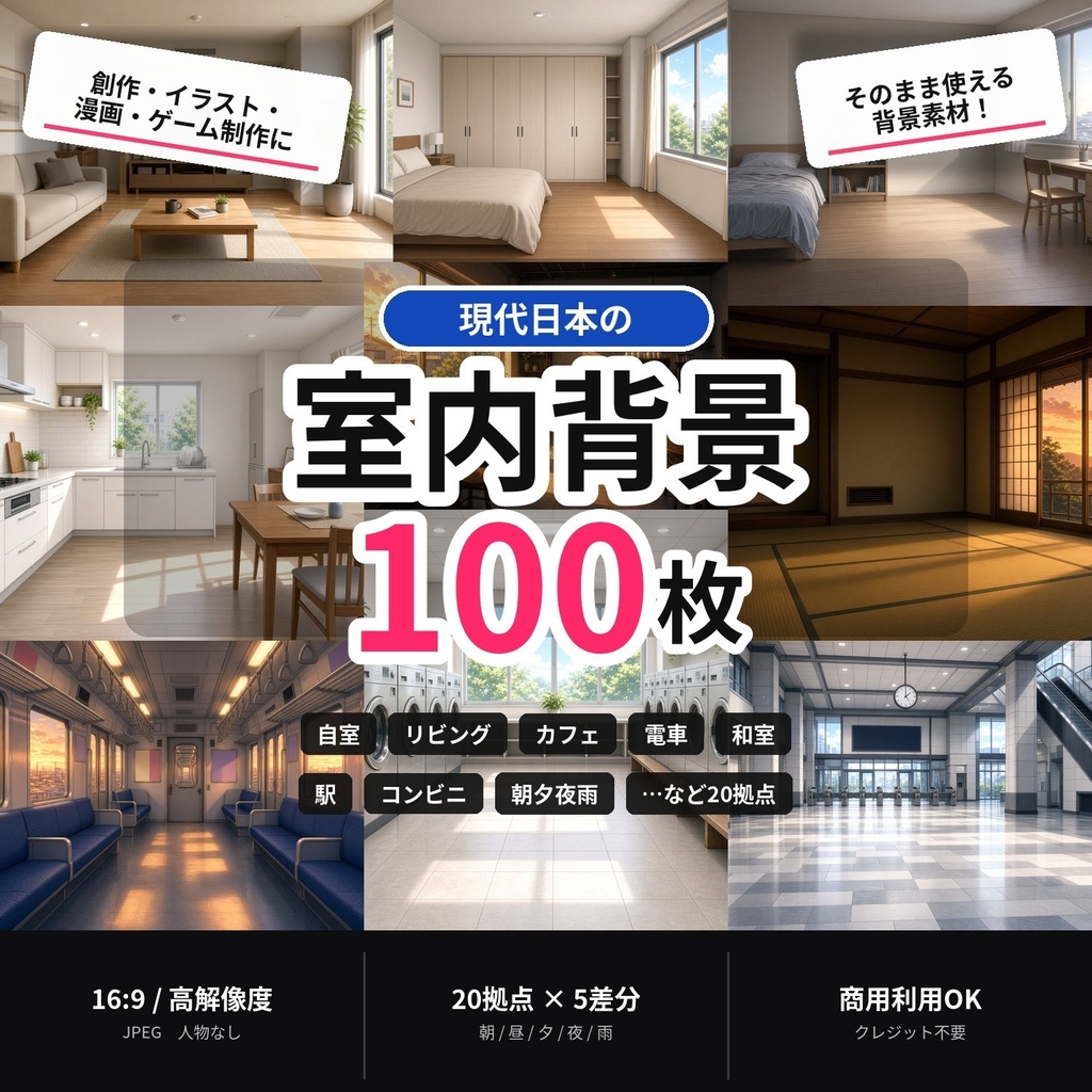 【背景100枚】現代日本の室内｜自室/リビング/カフェ/電車｜朝夕夜雨差分