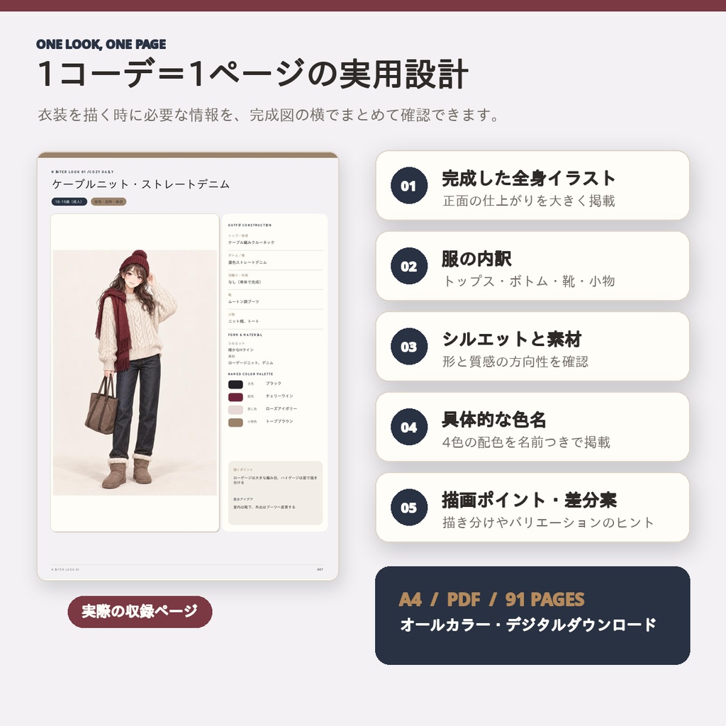 【全72コーデ・全91ページ】女性キャラクター冬服衣装図鑑|完成イラスト・配色・素材つき創作資料