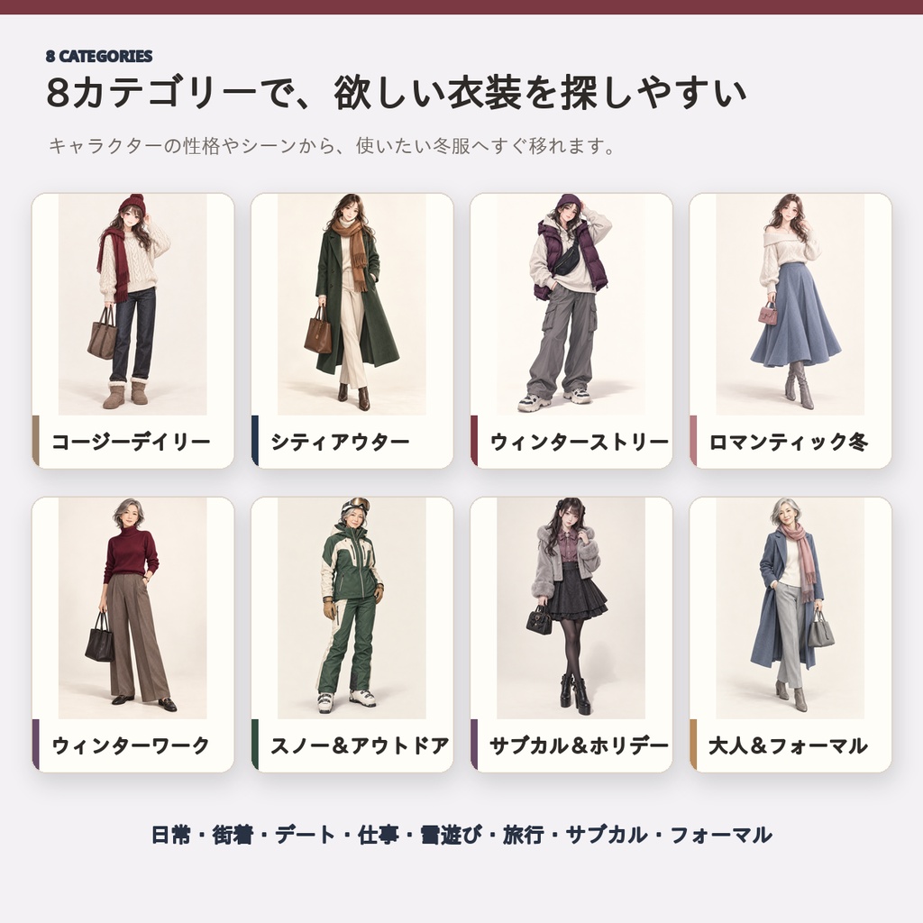 【全72コーデ・全91ページ】女性キャラクター冬服衣装図鑑|完成イラスト・配色・素材つき創作資料