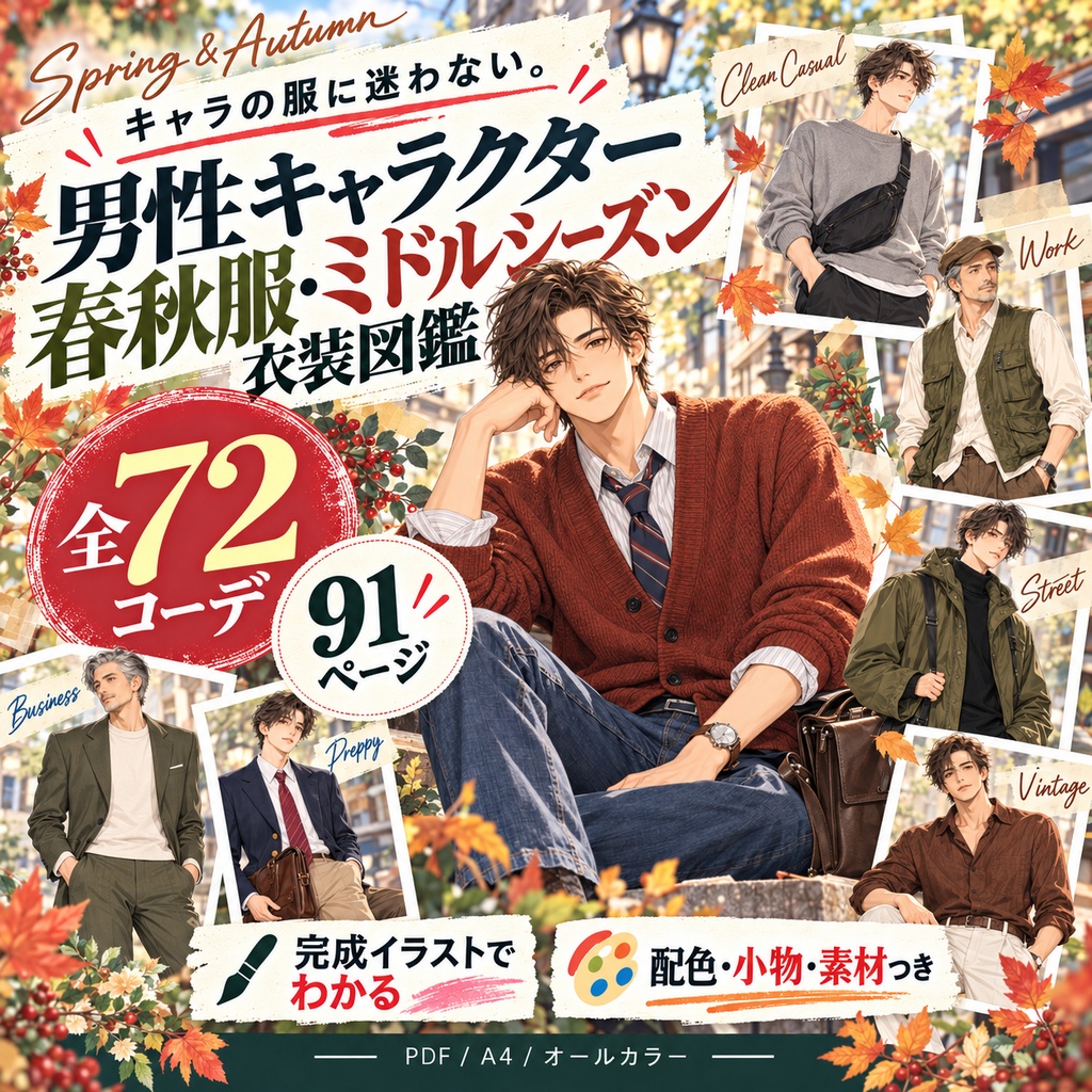 【全72コーデ・91P】男性キャラクター春服・秋服衣装図鑑｜ミドルシーズン完成イラスト・配色・素材つき創作資料