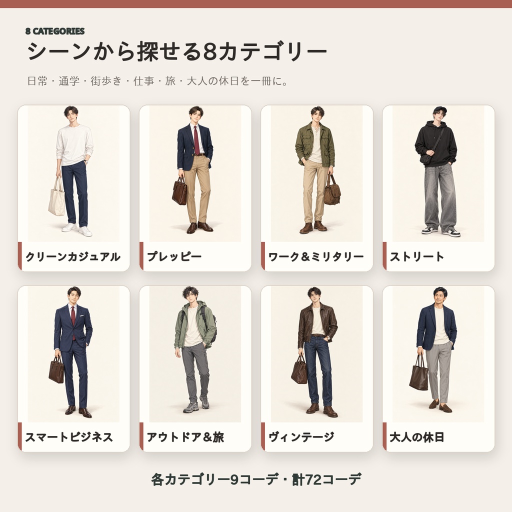 【全72コーデ・91P】男性キャラクター春服・秋服衣装図鑑|ミドルシーズン完成イラスト・配色・素材つき創作資料