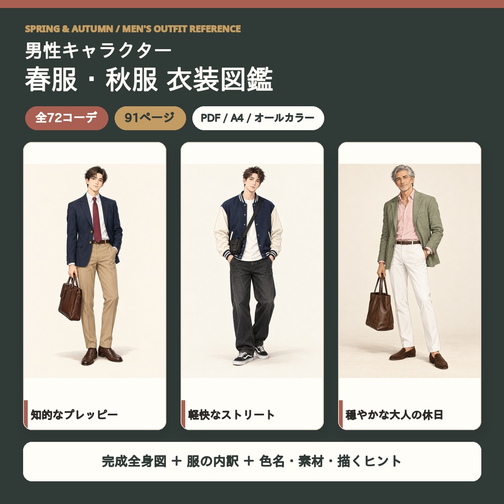 【全72コーデ・91P】男性キャラクター春服・秋服衣装図鑑|ミドルシーズン完成イラスト・配色・素材つき創作資料