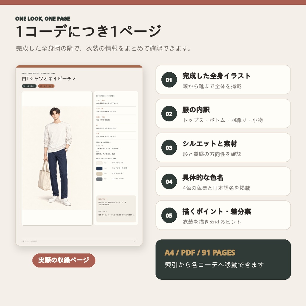 【全72コーデ・91P】男性キャラクター春服・秋服衣装図鑑|ミドルシーズン完成イラスト・配色・素材つき創作資料
