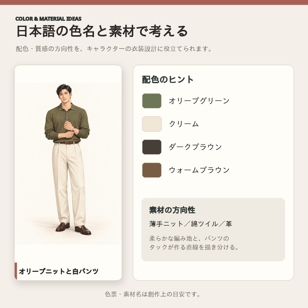 【全72コーデ・91P】男性キャラクター春服・秋服衣装図鑑|ミドルシーズン完成イラスト・配色・素材つき創作資料