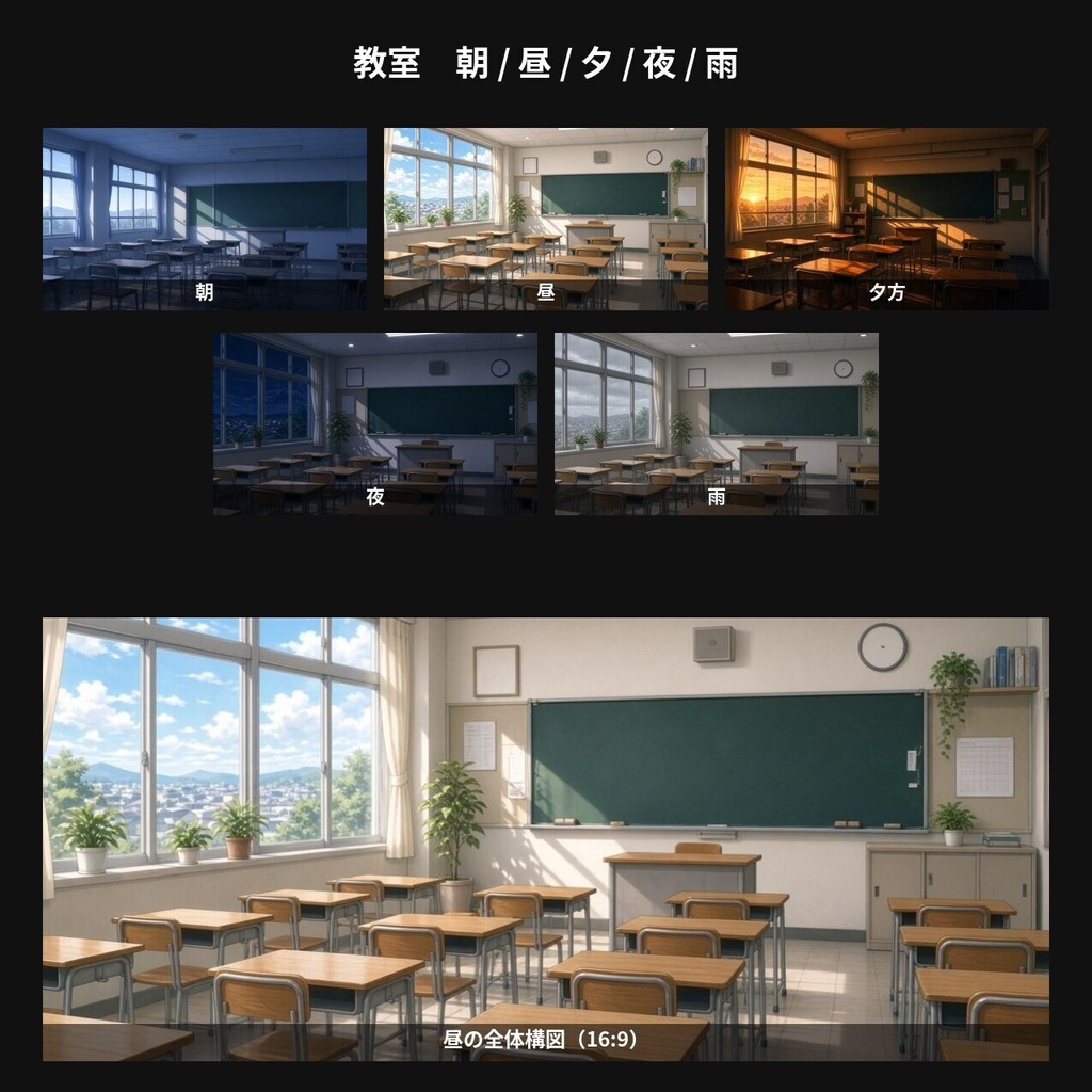【背景100枚】現代日本の学校・仕事・街|教室/オフィス/商店街|朝夕夜雨差分 Vol.2
