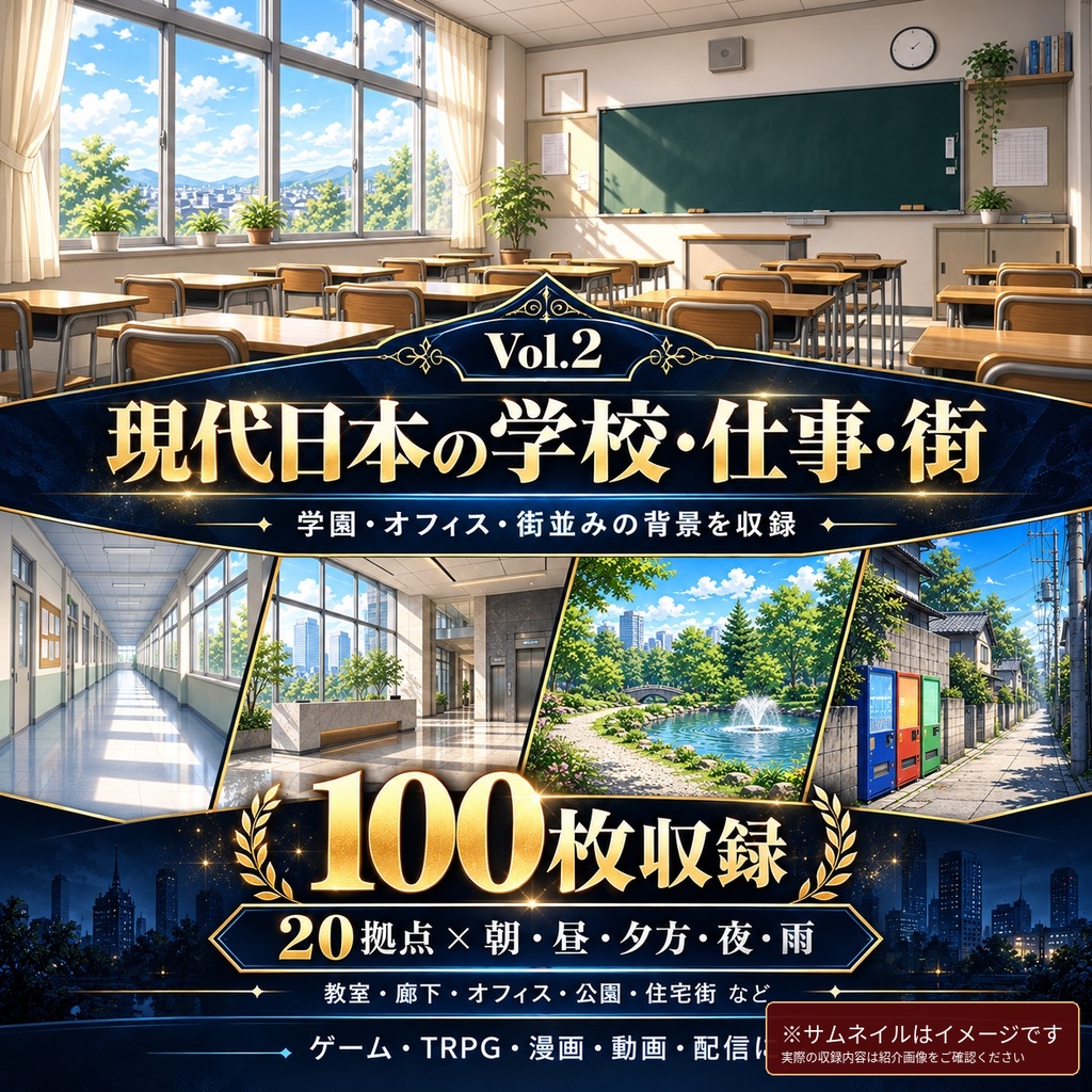 【背景100枚】 面倒な背景制作を節約！現代日本の学校・仕事・街｜教室/オフィス/商店街｜朝夕夜雨差分 Vol.2