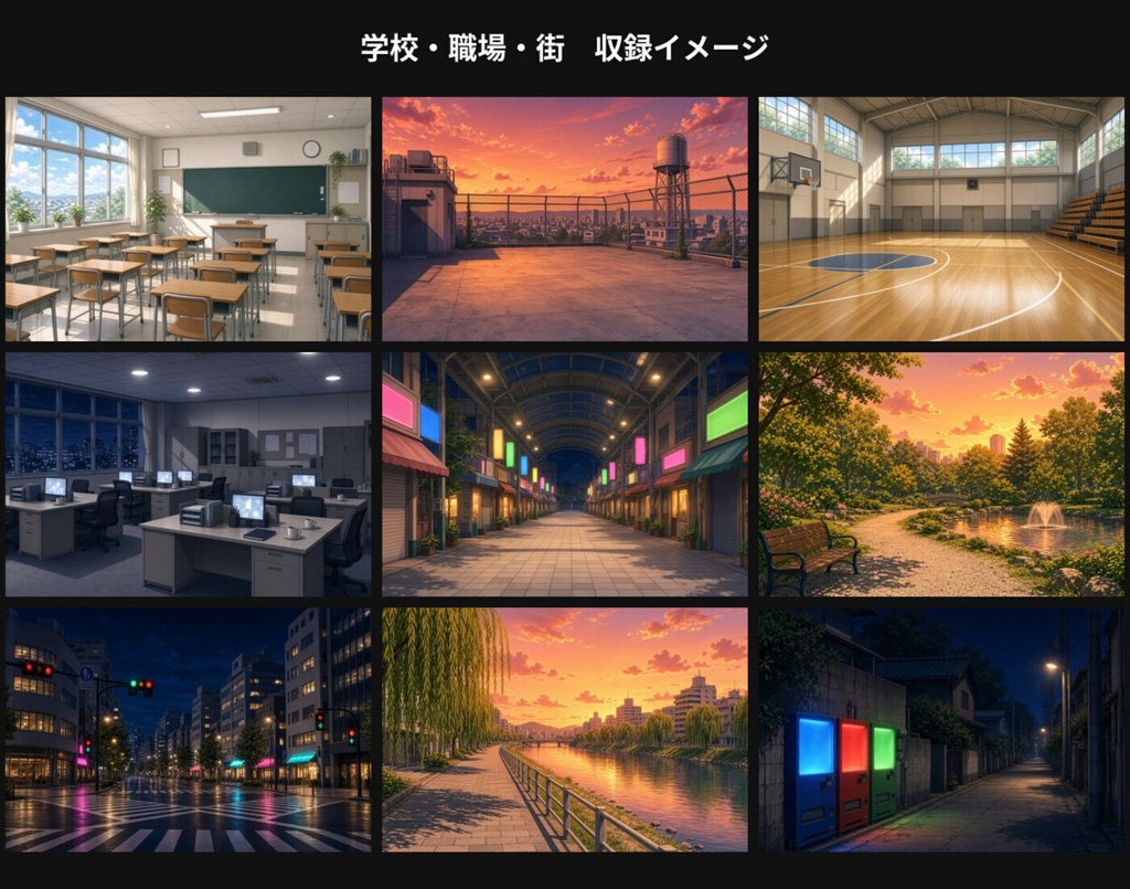 【背景100枚】現代日本の学校・仕事・街|教室/オフィス/商店街|朝夕夜雨差分 Vol.2