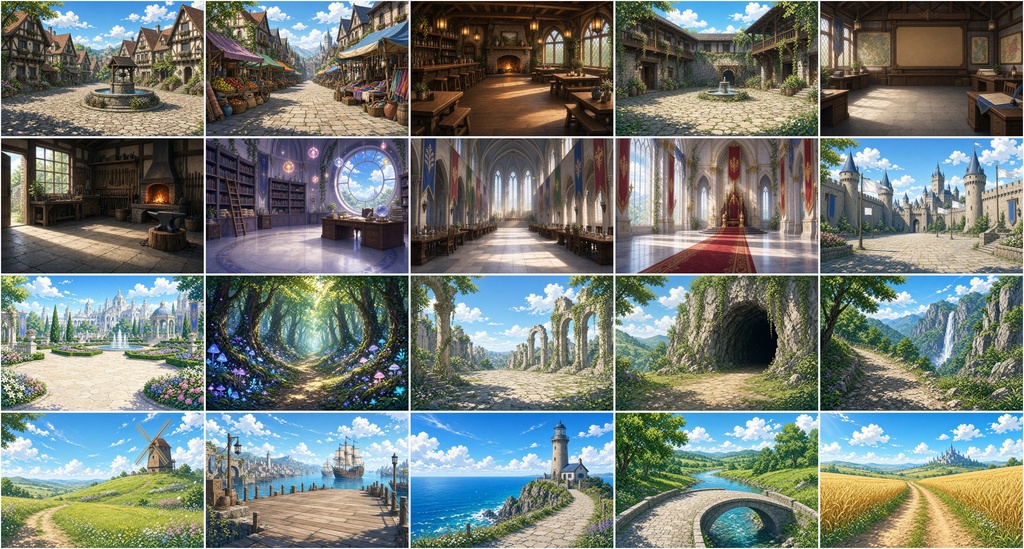 【背景100枚】面倒な背景制作を節約!ファンタジー冒険・TRPG|村/城/遺跡/港/森|朝夕夜雨差分 Vol.3