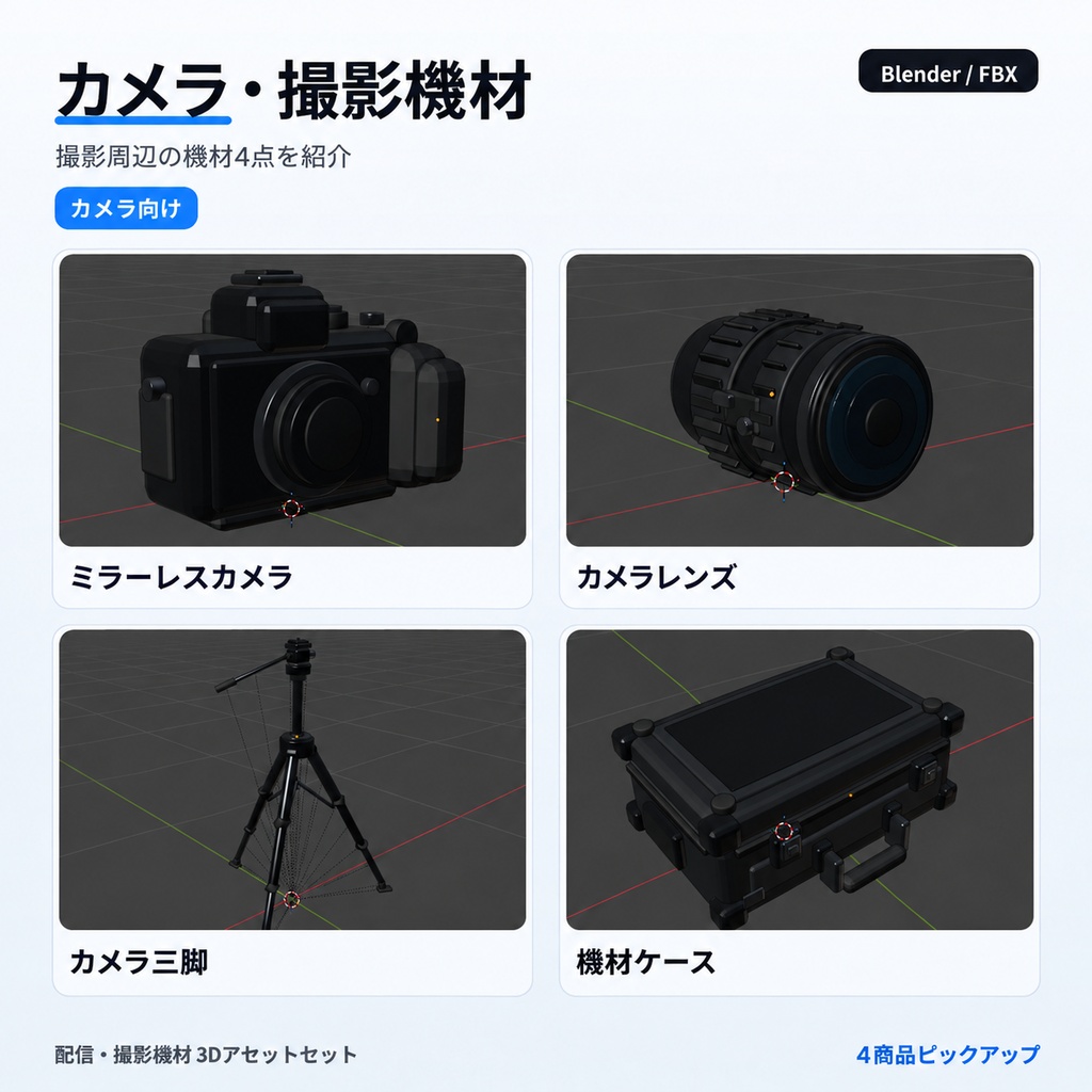 シンプルでエレガントな配信・撮影機材3Dモデル24種セット|デスク・スタジオ・VRChat・Blender / FBX