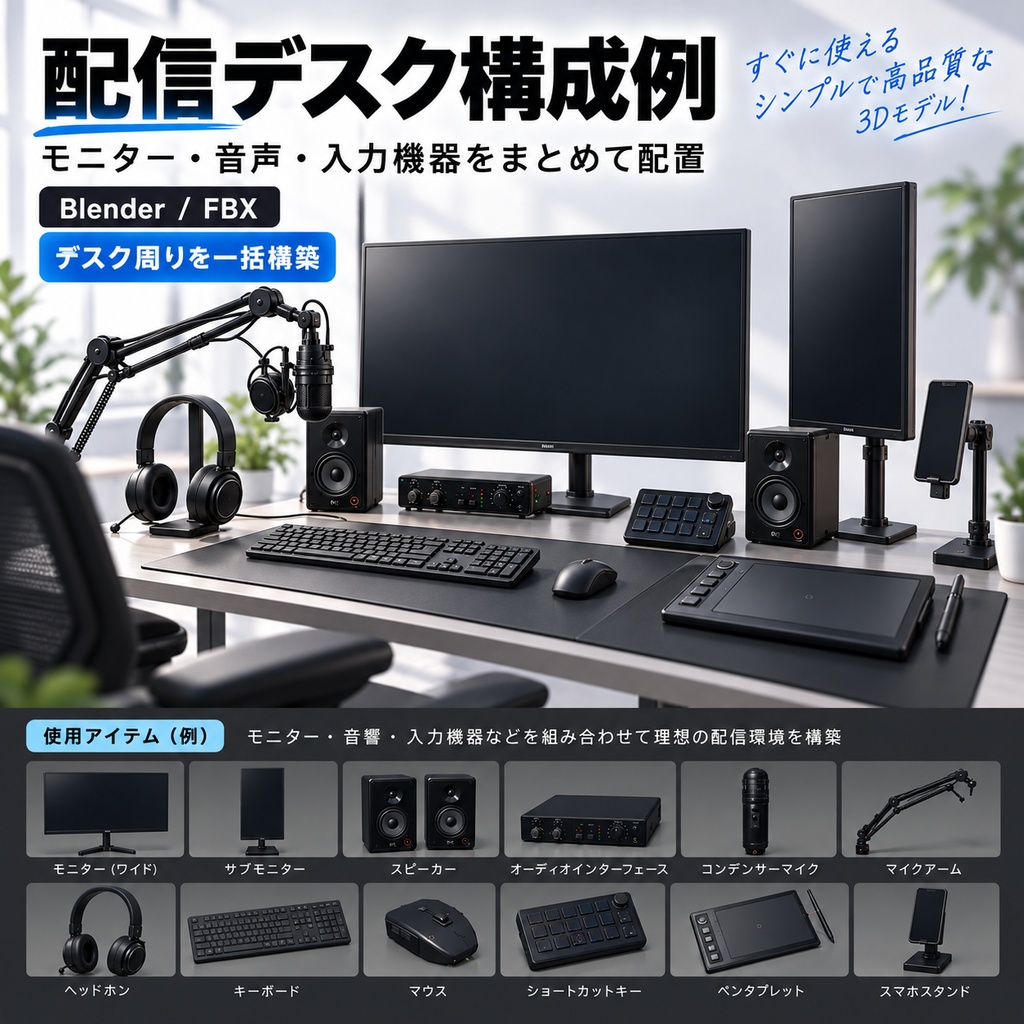 シンプルでエレガントな配信・撮影機材3Dモデル24種セット|デスク・スタジオ・VRChat・Blender / FBX