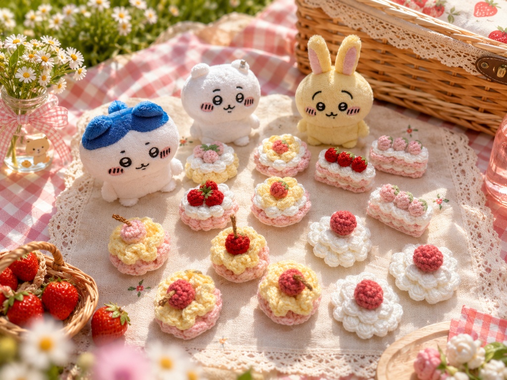 ハンドメイド かぎ針編み スイーツモチーフ ピンク いちご ケーキ 1点