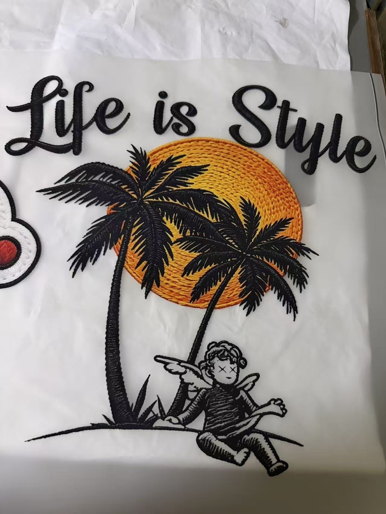 life is style embroidery effect heat press printing