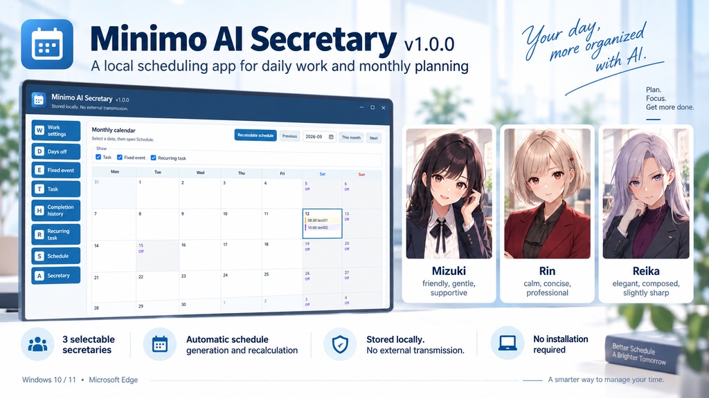Minimo AI Secretary v1.0.1 | Local Scheduling App with 3 Secretaries