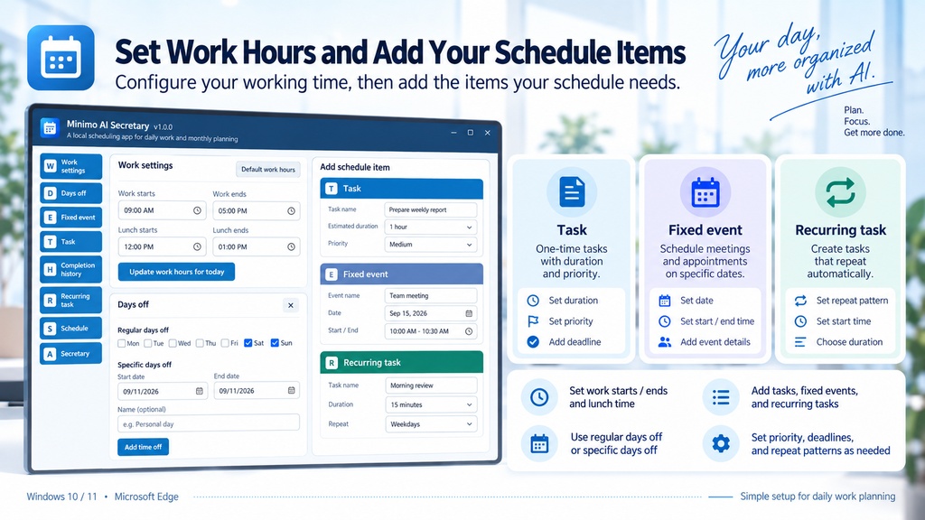 Minimo AI Secretary v1.0.1 | Local Scheduling App with 3 Secretaries