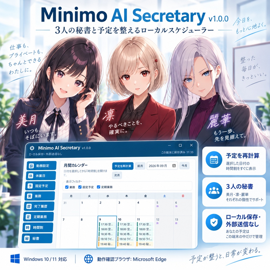 Minimo AI Secretary v1.0.1|3人の秘書と予定を整えるローカルスケジューラー