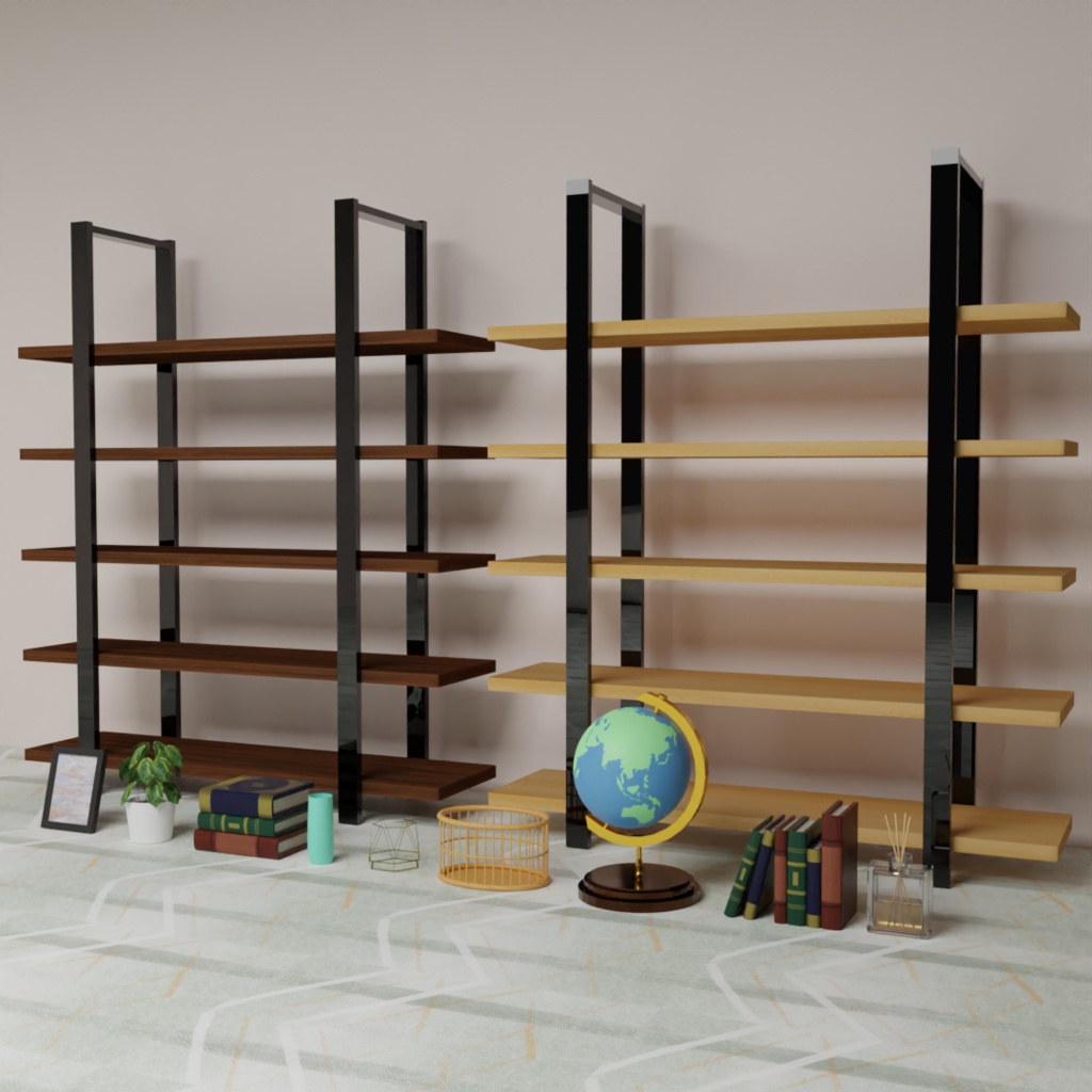 木製の本棚と小物セット(11点)【3Dモデル】