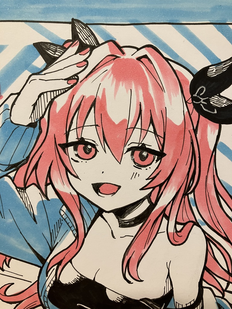 【直筆原画】ピンク髪の女の子 中色紙/一点もの/手描きイラスト