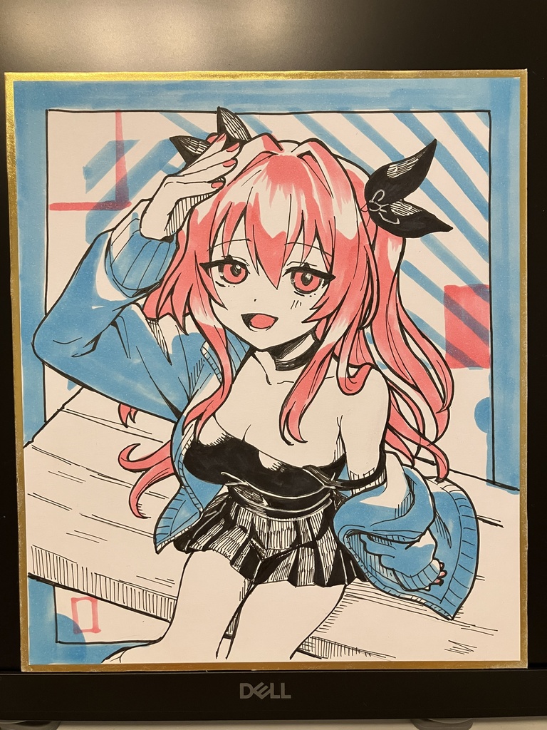 【直筆原画】ピンク髪の女の子 中色紙／一点もの／手描きイラスト